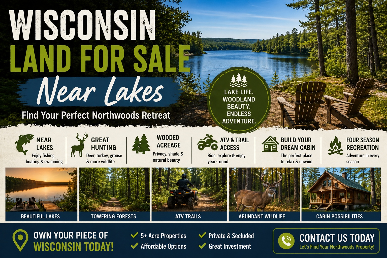 Find Wisconsin land for sale near lakes, including wooded acreage, cabin land, hunting property, ATV trail access, and recreational land in Northern Wisconsin.